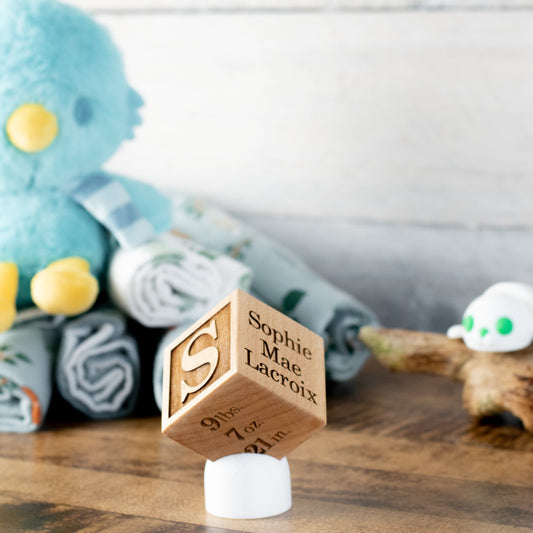Personalized baby block with engraved name on Canadian hard maple