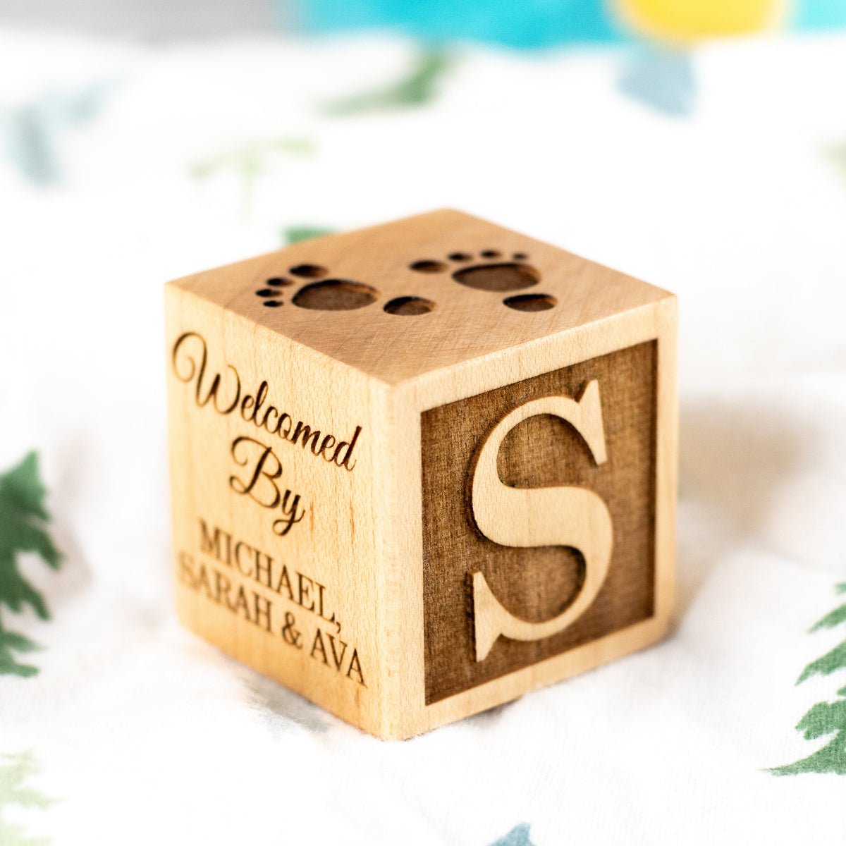 Engraved baby stats block with weight and length details